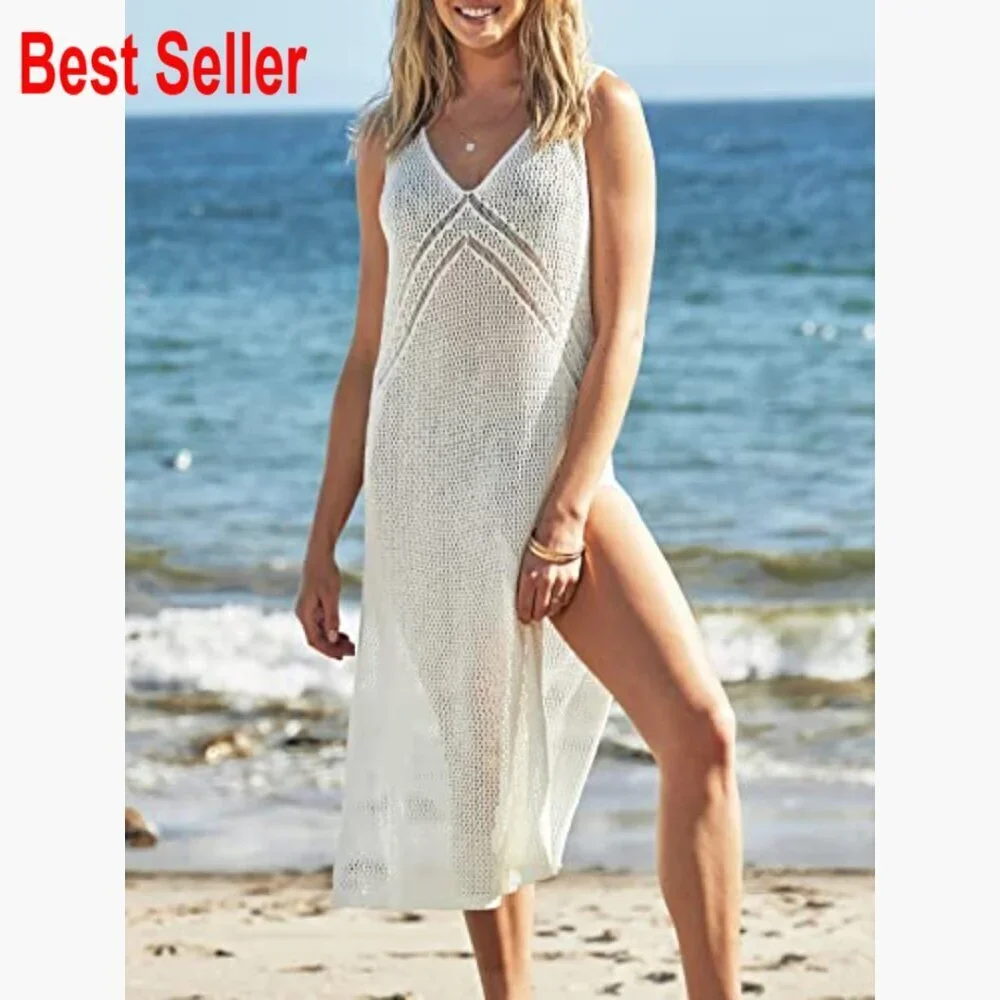 Crochet Swimsuit Cover Up Sleeveless Hollow Out Mesh Beach Dress